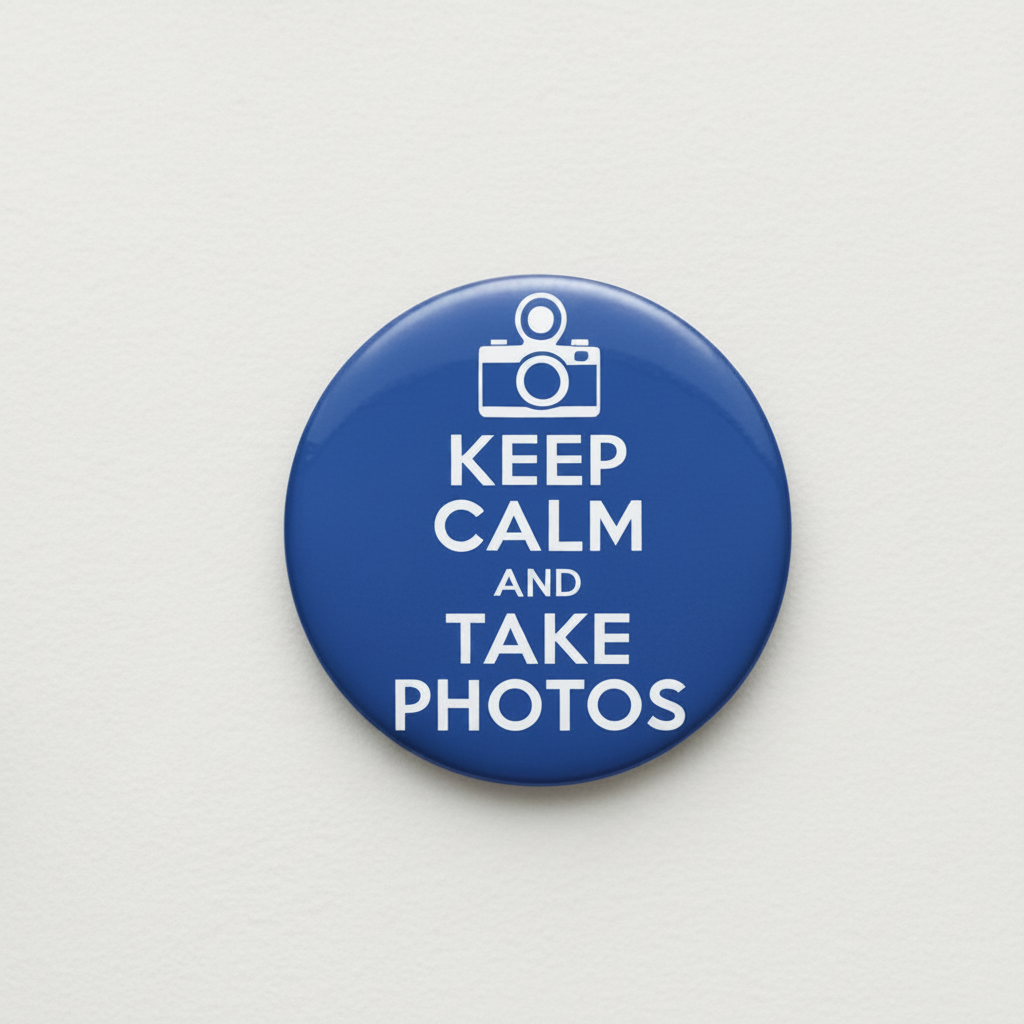A round blue button pin with a white camera icon and the text 'KEEP CALM AND TAKE PHOTOS' on a light gray background.