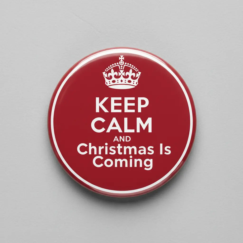 Red round pinback button: KEEP CALM, crown, 'Christmas Is Coming'