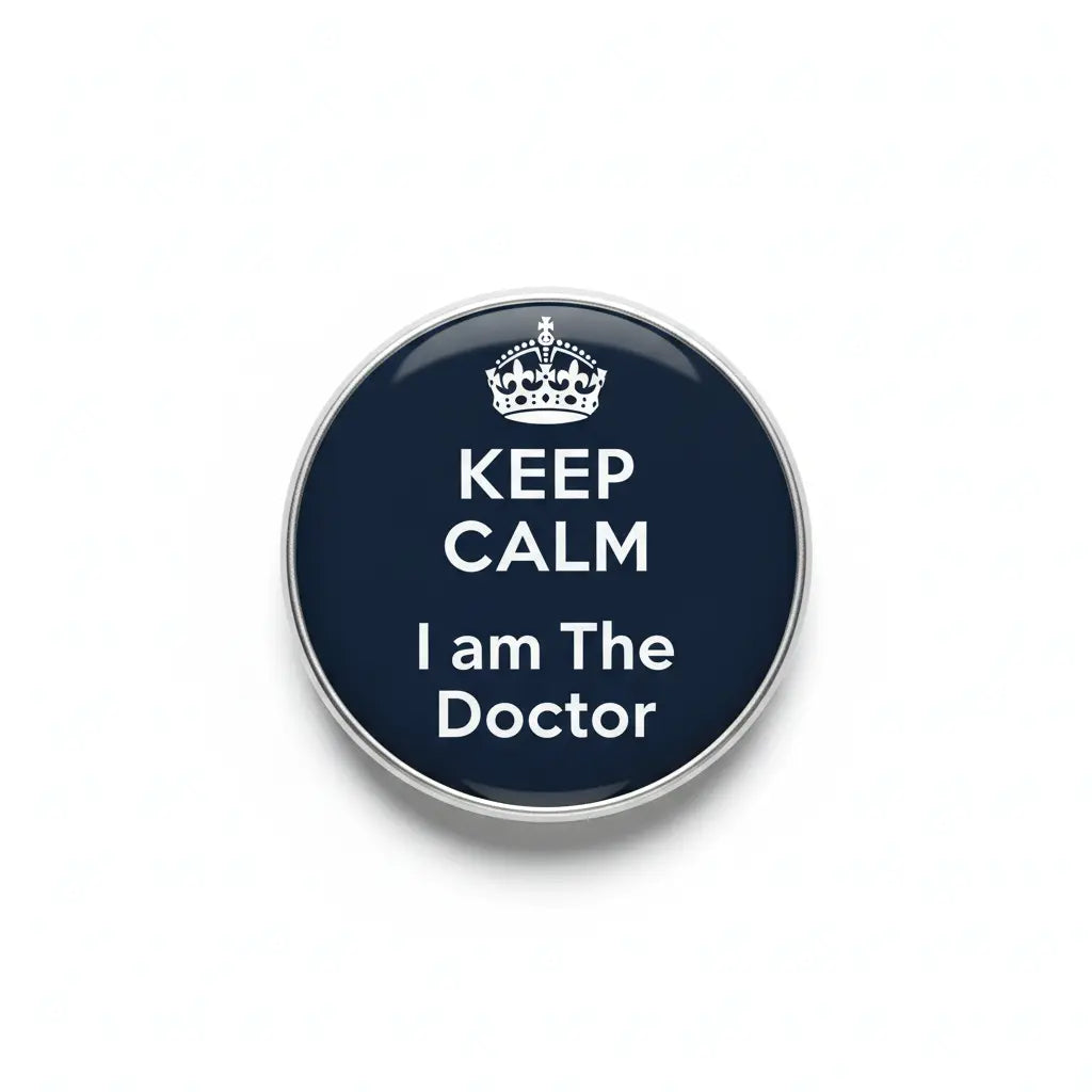 Round dark blue enamel pin with crown, 'KEEP CALM' and 'I am The Doctor' text, silver rim