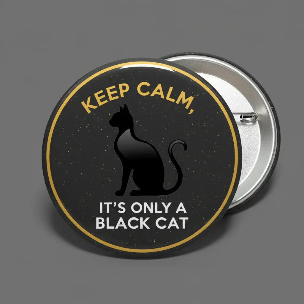 Round black pinback button with gold border, black cat silhouette and “Keep Calm” text.