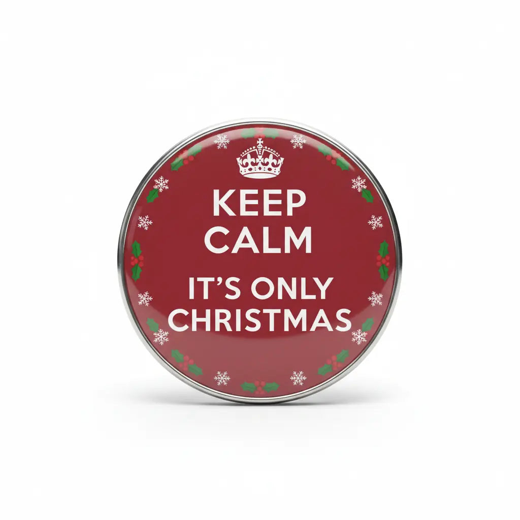 Red Christmas pinback button with crown and text 'KEEP CALM IT'S ONLY CHRISTMAS'