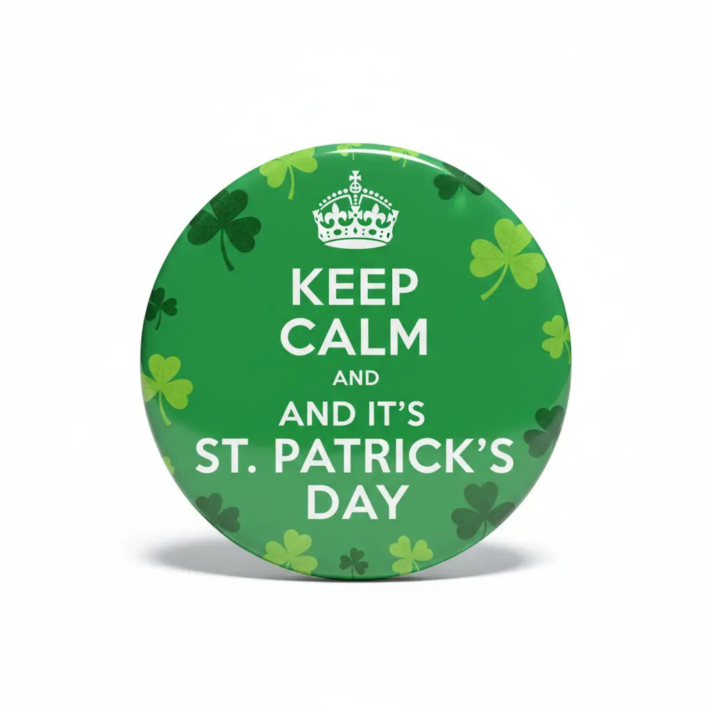 St. Patrick's Day pinback button, green clovers and crown; KEEP CALM AND IT'S ST. PATRICK'S DAY