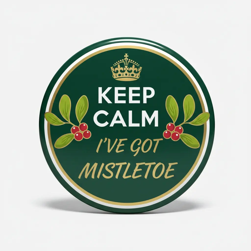 2.25-inch round pinback button, green with mistletoe leaves, red berries and crown graphic