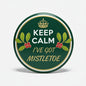 2.25-inch round pinback button, green with mistletoe leaves, red berries and crown graphic
