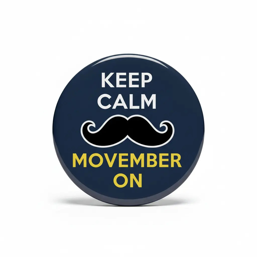 Round blue Movember pinback button with 'KEEP CALM', mustache, and 'MOVEMBER ON'.