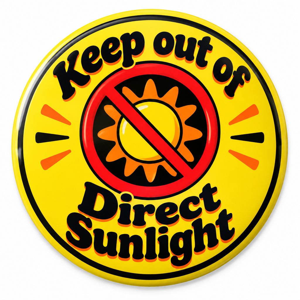 Keep out of Direct Sunlight Pin Button 2.25-inch