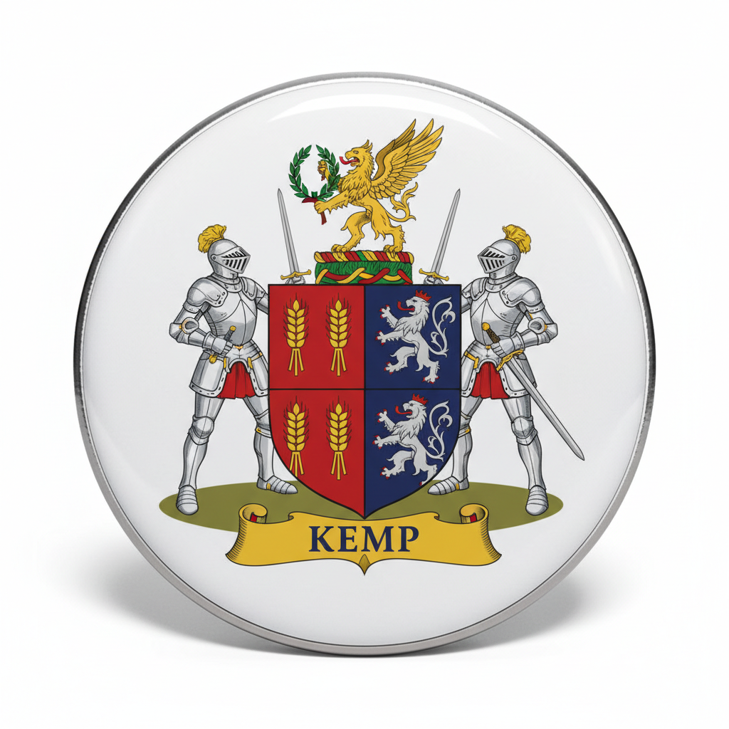 Kemp family crest coat of arms pinback with knights, shield, and yellow banner