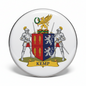 Kemp family crest coat of arms pinback with knights, shield, and yellow banner