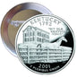 Round silver Kentucky 1792 pinback button with Old Kentucky Home, horse and fence design