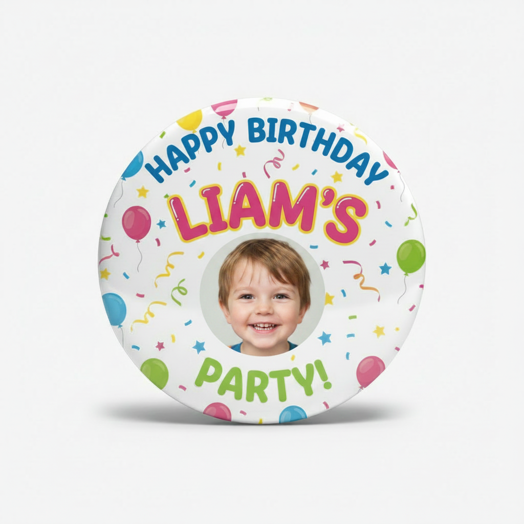 A round white birthday pinback button with colorful confetti, balloons, and streamers, featuring the text 'HAPPY BIRTHDAY LIAM'S 5 PARTY!' in bold, playful fonts.