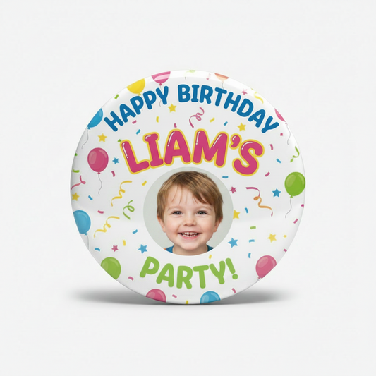 A round white birthday pinback button with colorful confetti, balloons, and streamers, featuring the text 'HAPPY BIRTHDAY LIAM'S 5 PARTY!' in bold, playful fonts.