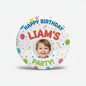 A round white birthday pinback button with colorful confetti, balloons, and streamers, featuring the text 'HAPPY BIRTHDAY LIAM'S 5 PARTY!' in bold, playful fonts.