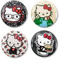 Cat-themed round button pin set with cartoon characters and bows, four pack