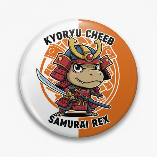 Round pinback button with cartoon samurai T-Rex, KYORYU-CHEEB and SAMURAI REX text