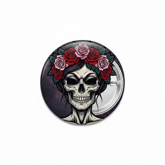 2.25-inch pinback button with skull and rose wreath