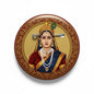 2.25-inch circular pinback button with painted queen portrait in ornate gold frame