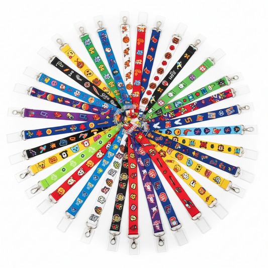 Assorted colorful lanyards with metal key clips and cartoon game icons