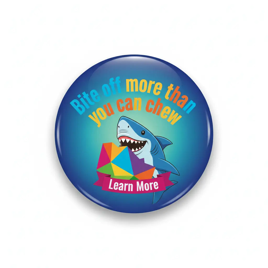 Learn More Bite off more than you can chew Pin Button 2.25-inch - mypinbacks.com