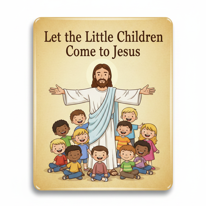 A rectangular sign with rounded corners featuring the text 'Let the Little Children Come to Jesus' above an illustration of Jesus with outstretched arms and a group of smiling children at his feet, shown on a light gray background.