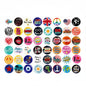 Assorted round pinback buttons with colorful slogans and peace symbols