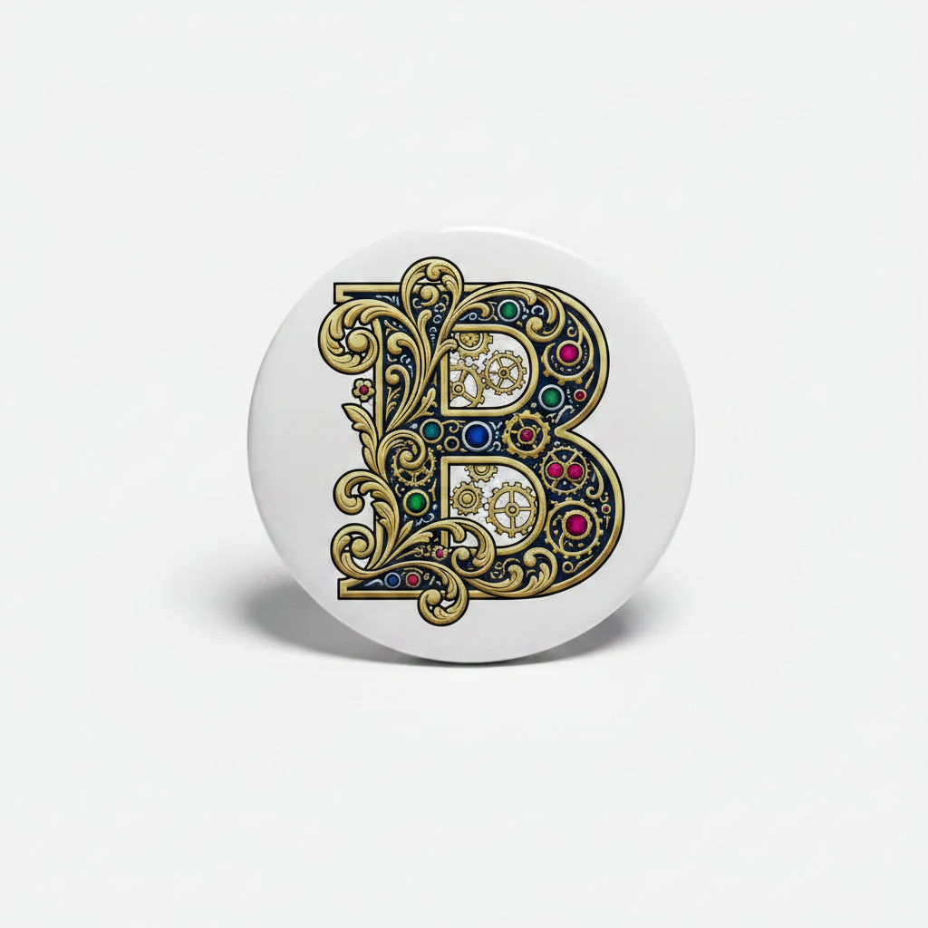 Circular retractable badge reel with ornate gold, blue, and multicolor Letter B artwork