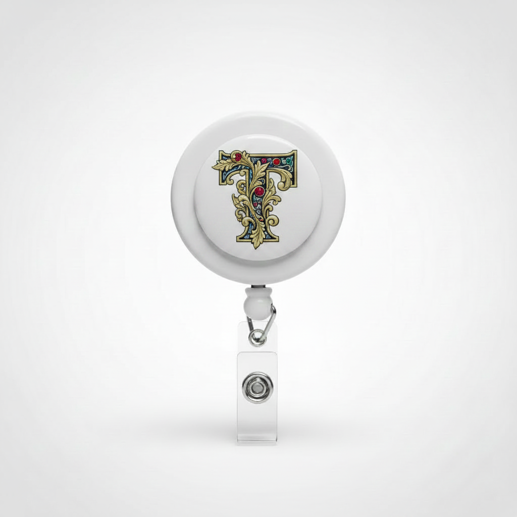 Round felt letter T badge reel with retractable clip and clear badge strap