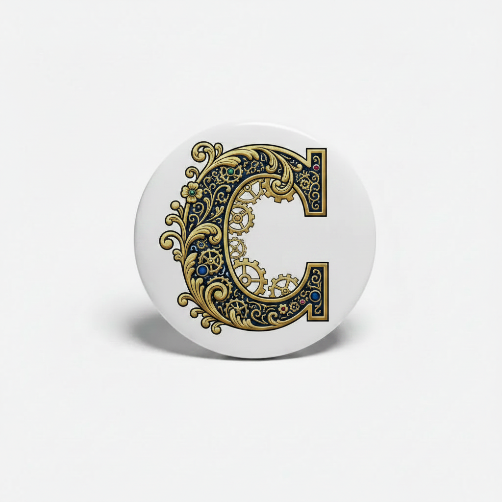Round retractable badge reel with ornate gold letter C emblem