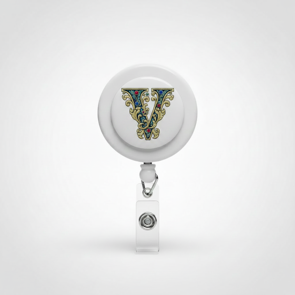 Letter V retractable badge reel with circular top and chrome clip