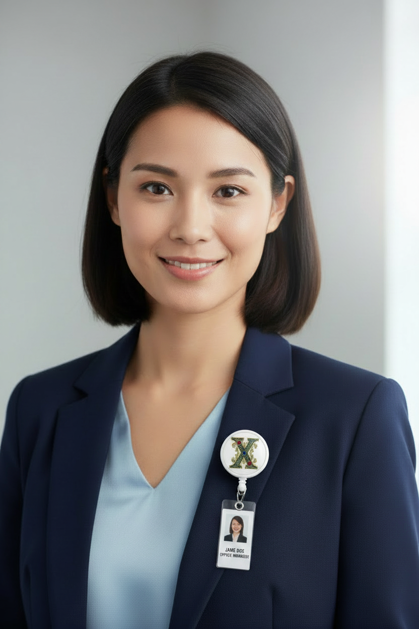 Retractable badge reel with round “X” charm attached to hospital ID card