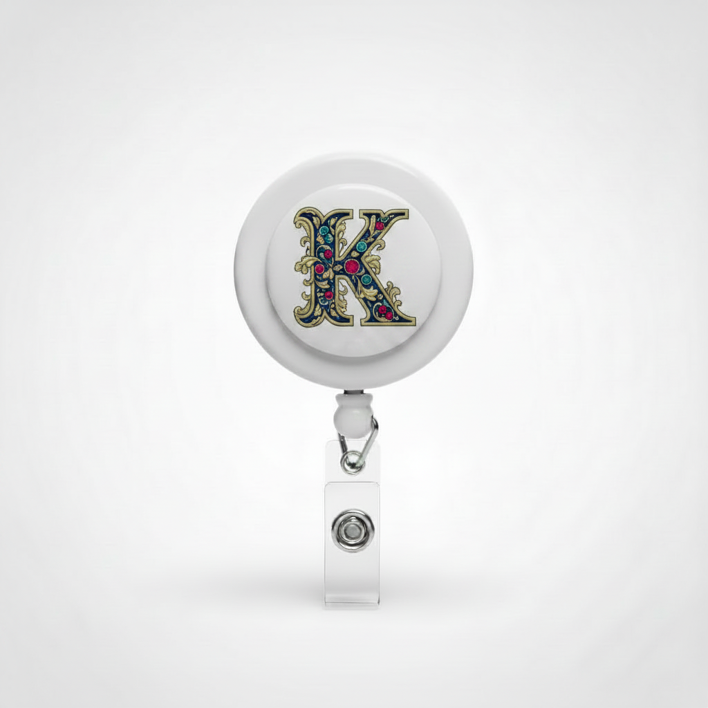 White retractable badge reel with colorful letter K, metal clip and clear badge holder