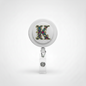 White retractable badge reel with colorful letter K, metal clip and clear badge holder