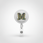 Round retractable badge reel featuring letter M, silver clip and clear badge holder
