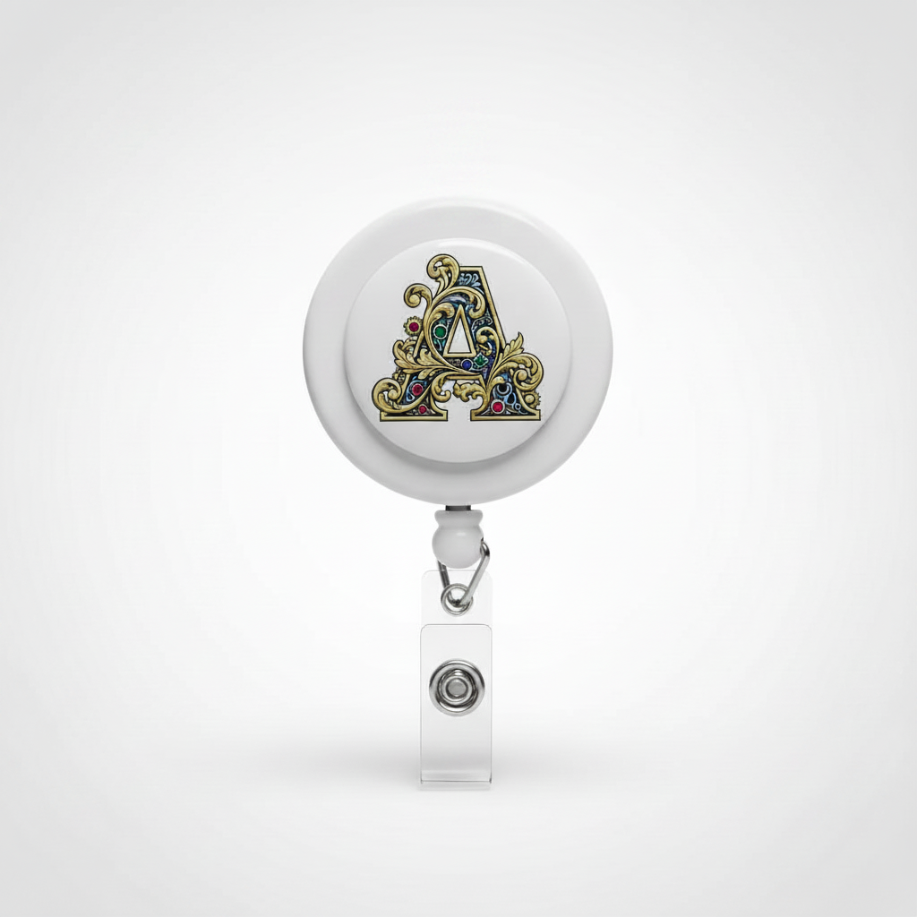 Retractable badge reel with letter A design, key clip and clear badge holder
