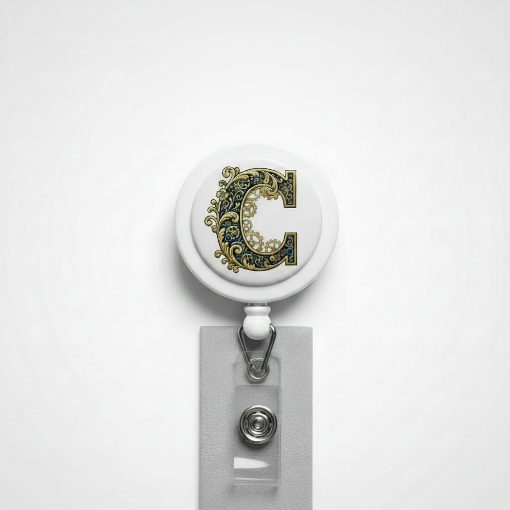 Retractable badge reel with round letter C top and metal badge holder