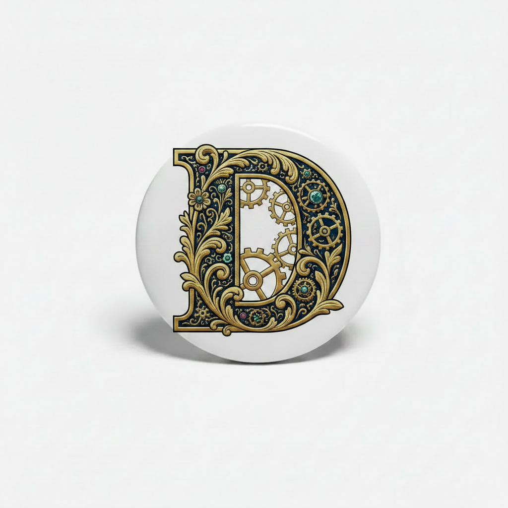 Letter D badge reel, round emblem in gold and blue on white casing
