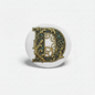 Letter D badge reel, round emblem in gold and blue on white casing