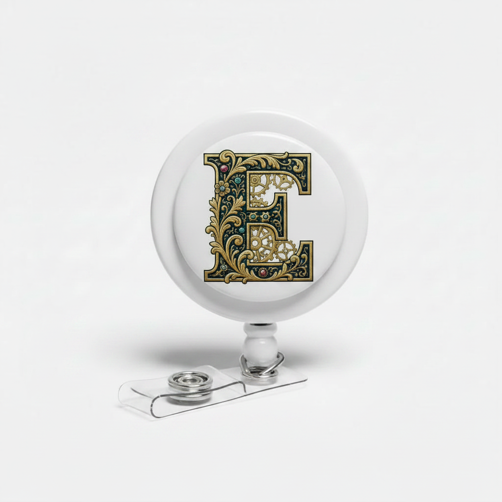 Round white retractable badge reel with gold letter E design and metal clip
