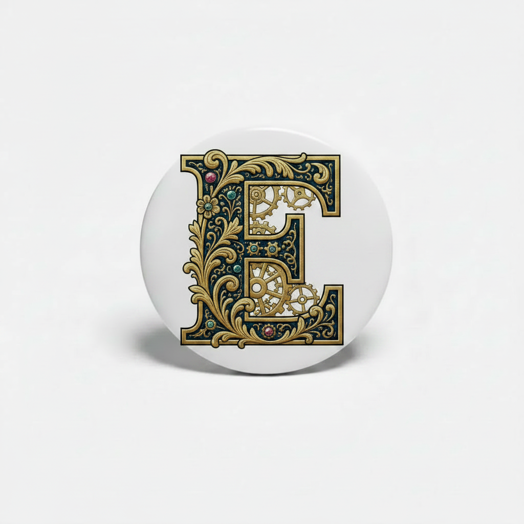 White retractable badge reel with ornate gold letter E on the round face