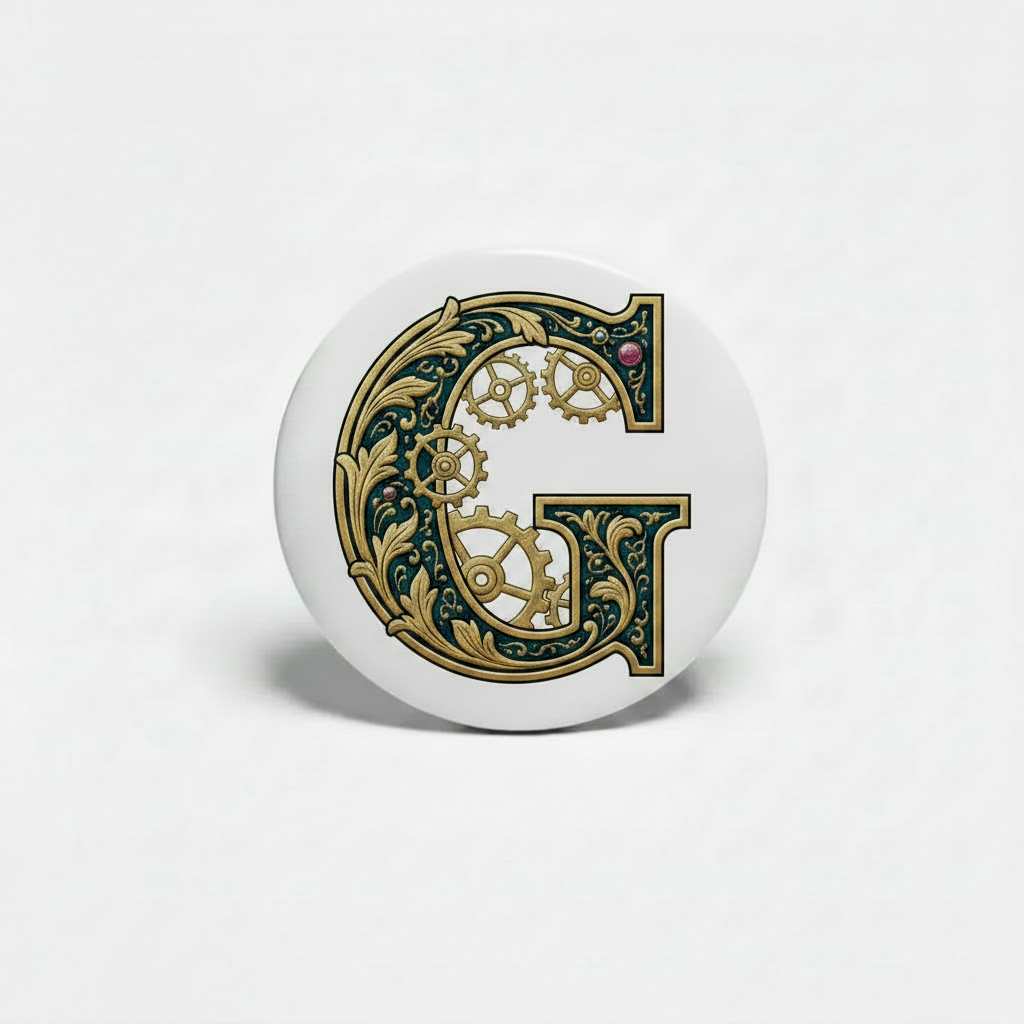 Retractable badge reel, close-up white case with gear-pattern letter G design