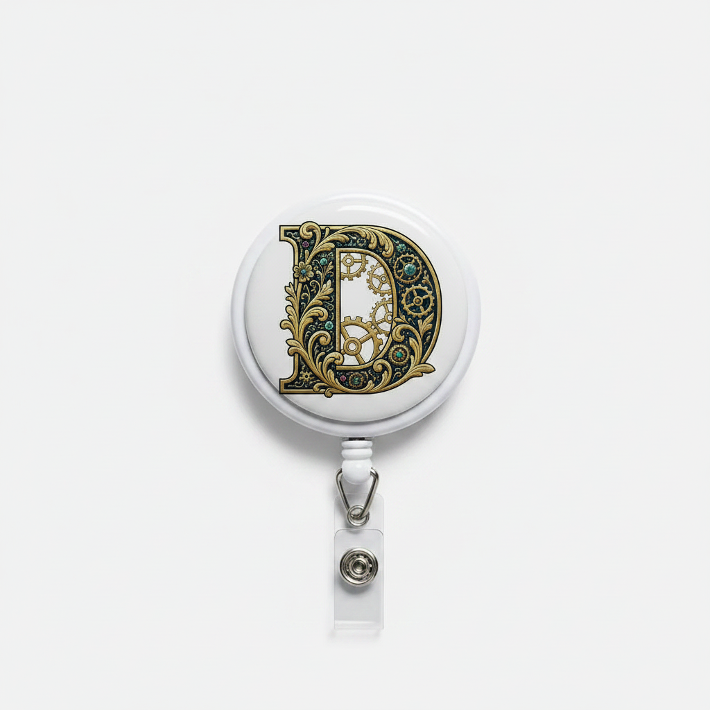 Letter D badge reel, round decorative emblem with retractable clip cord