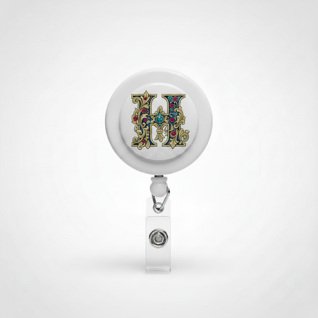 Round felt letter H retractable badge reel with metal clip and clear badge holder