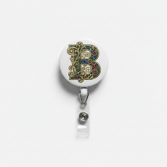 Retractable badge reel with Letter B front, metal clip, and clear badge holder pull
