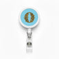 Retractable badge reel with round case, blue face and decorative letter O, chrome clip