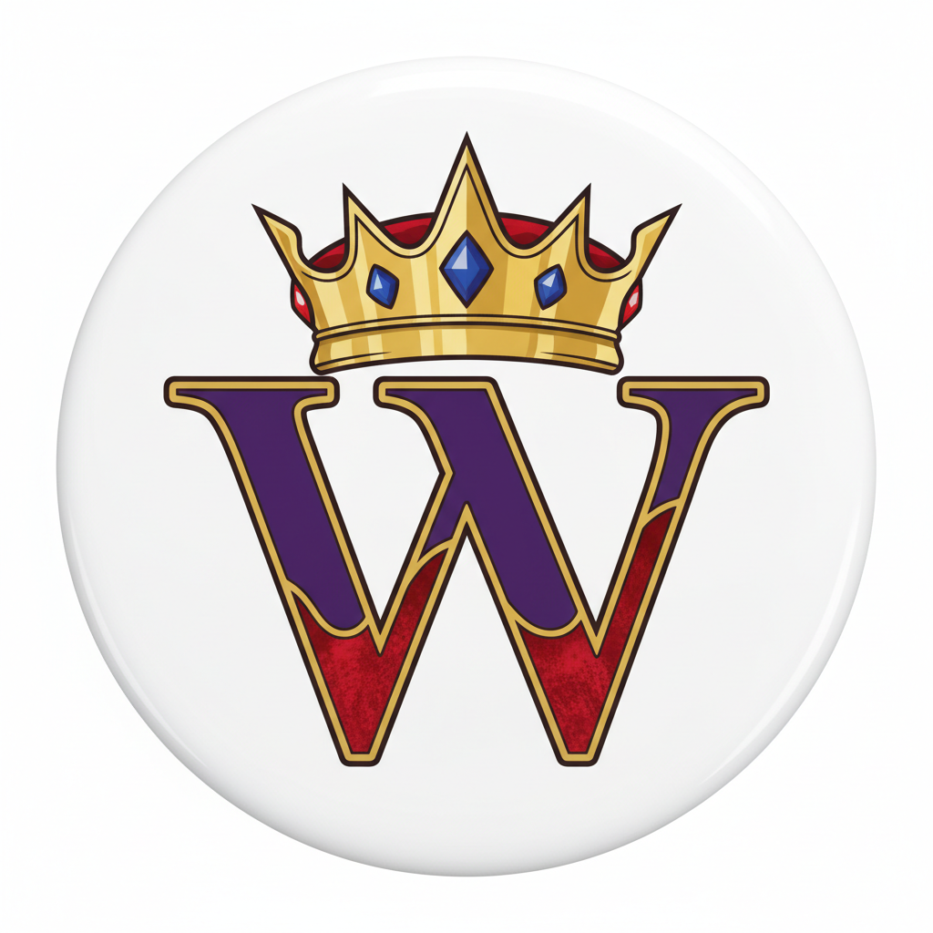 Circular W logo retractable badge reel face in purple and gold