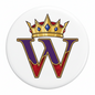Circular W logo retractable badge reel face in purple and gold