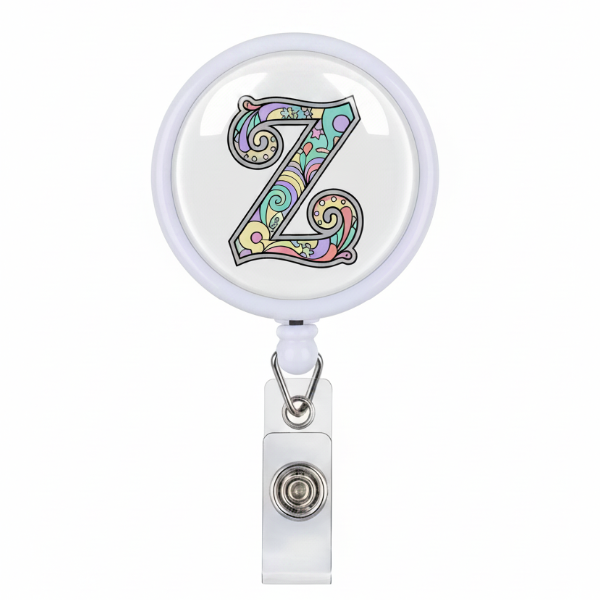 Retractable badge reel with light purple round housing, colorful letter Z graphic