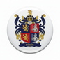 Lewis family crest pinback button with blue, red shield and banner
