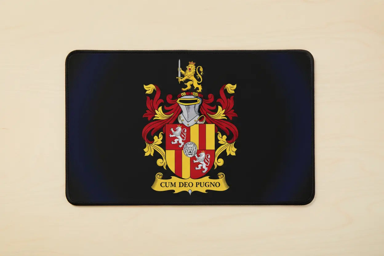 Dark rectangular mouse pad with gold and red coat of arms crest and ribbon