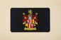 Dark rectangular mouse pad with gold and red coat of arms crest and ribbon