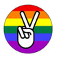 Rainbow pride peace sign pinback button, round badge